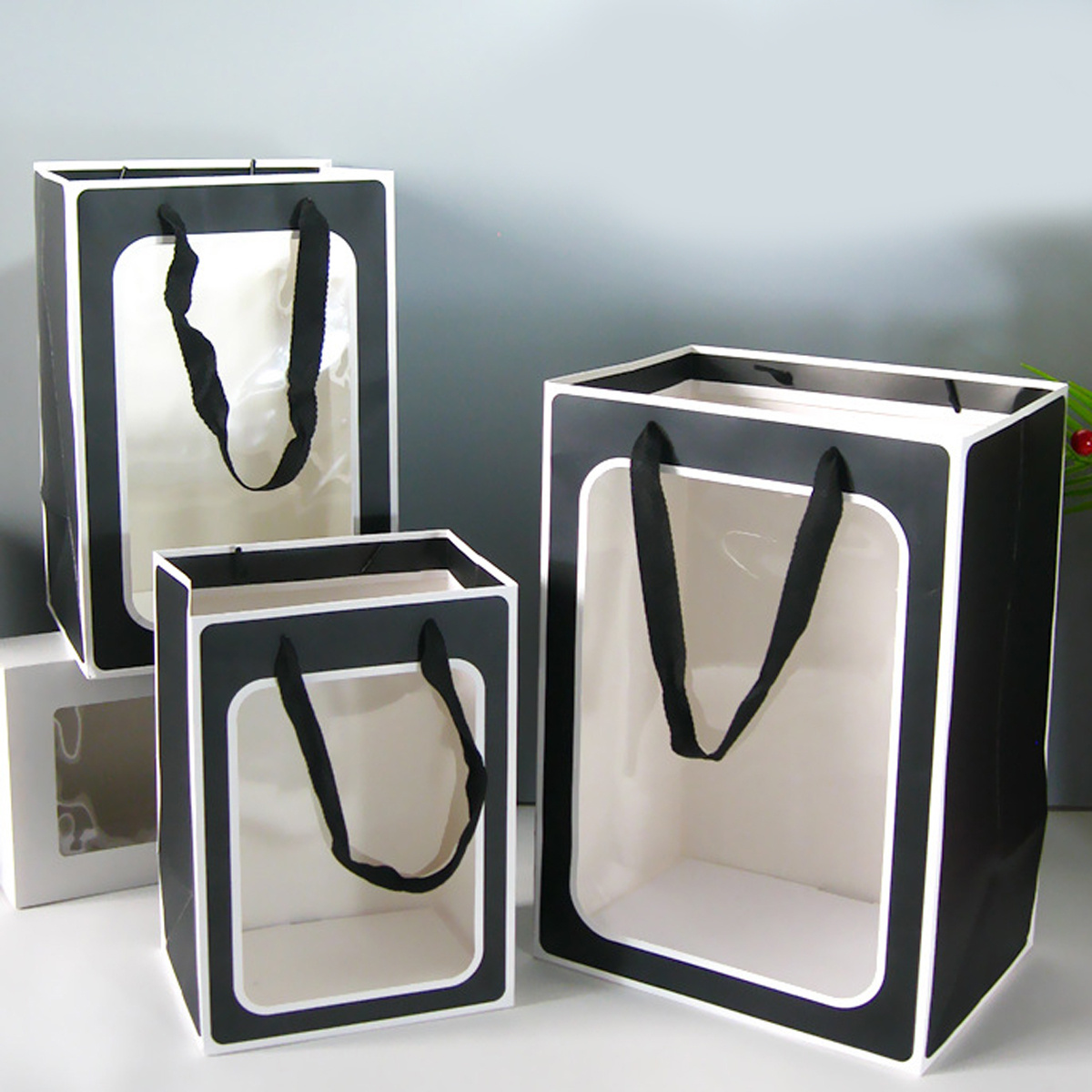 4pcs Clear Gift Bags With Clear Window, 9.8*7.1*5.1inch/25*18*13cm, Large  Gift Boxes, White / Black