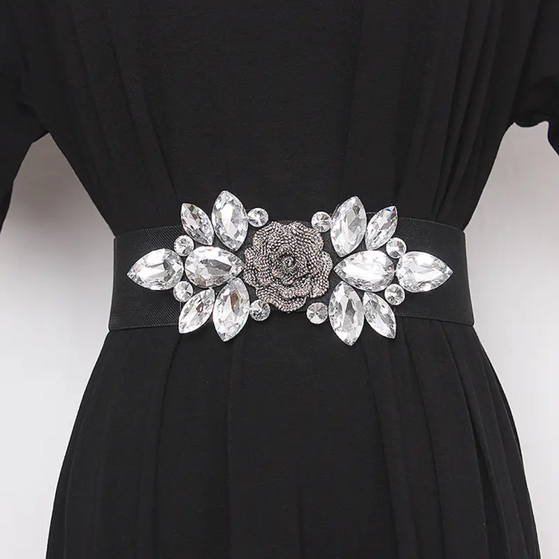 flower beaded elastic cummerbunds female dress corsets waistband belts decoration wide belt details 3