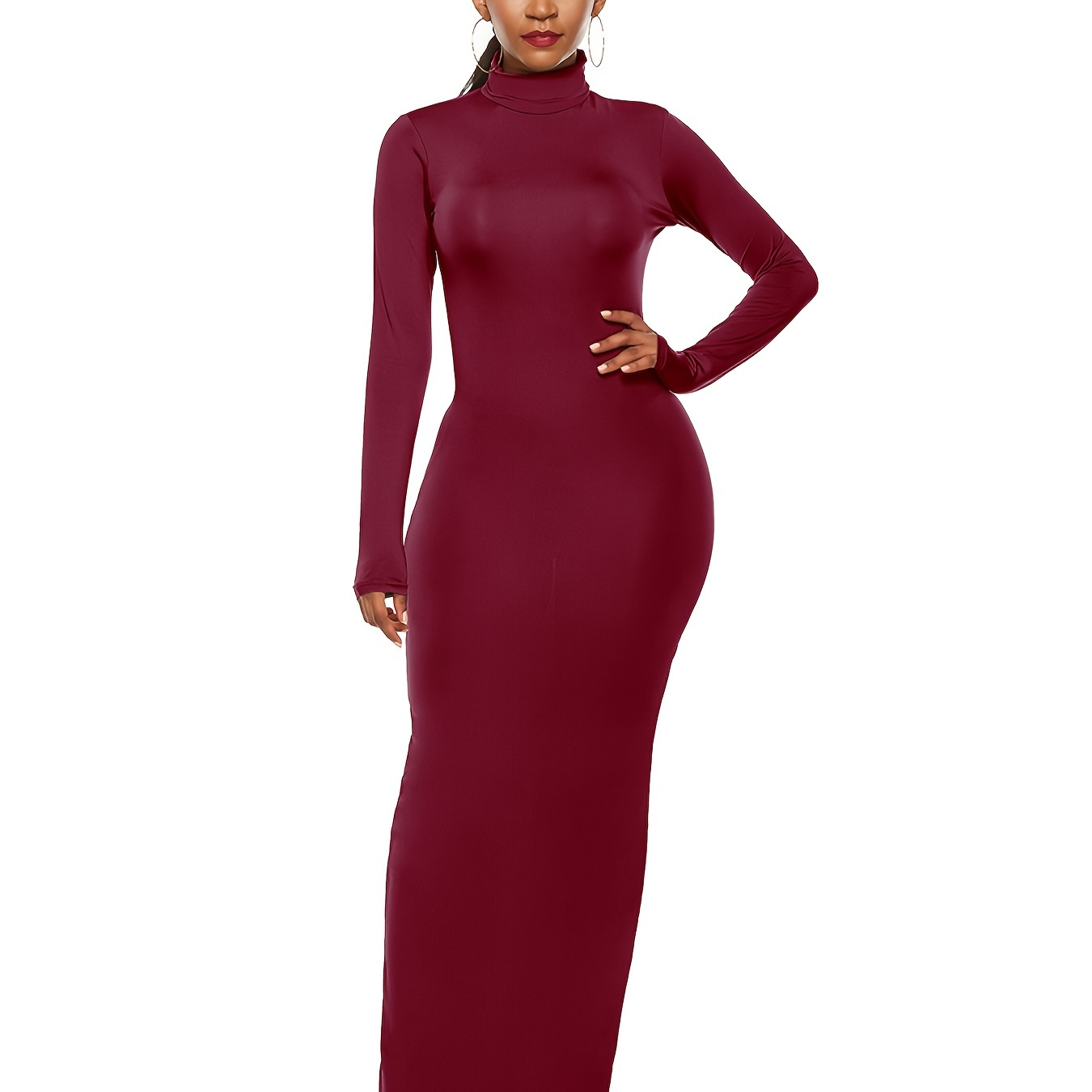 Solid Dacron And Spandex Maxi Dresses, Women's Turtleneck Long Sleeve ...