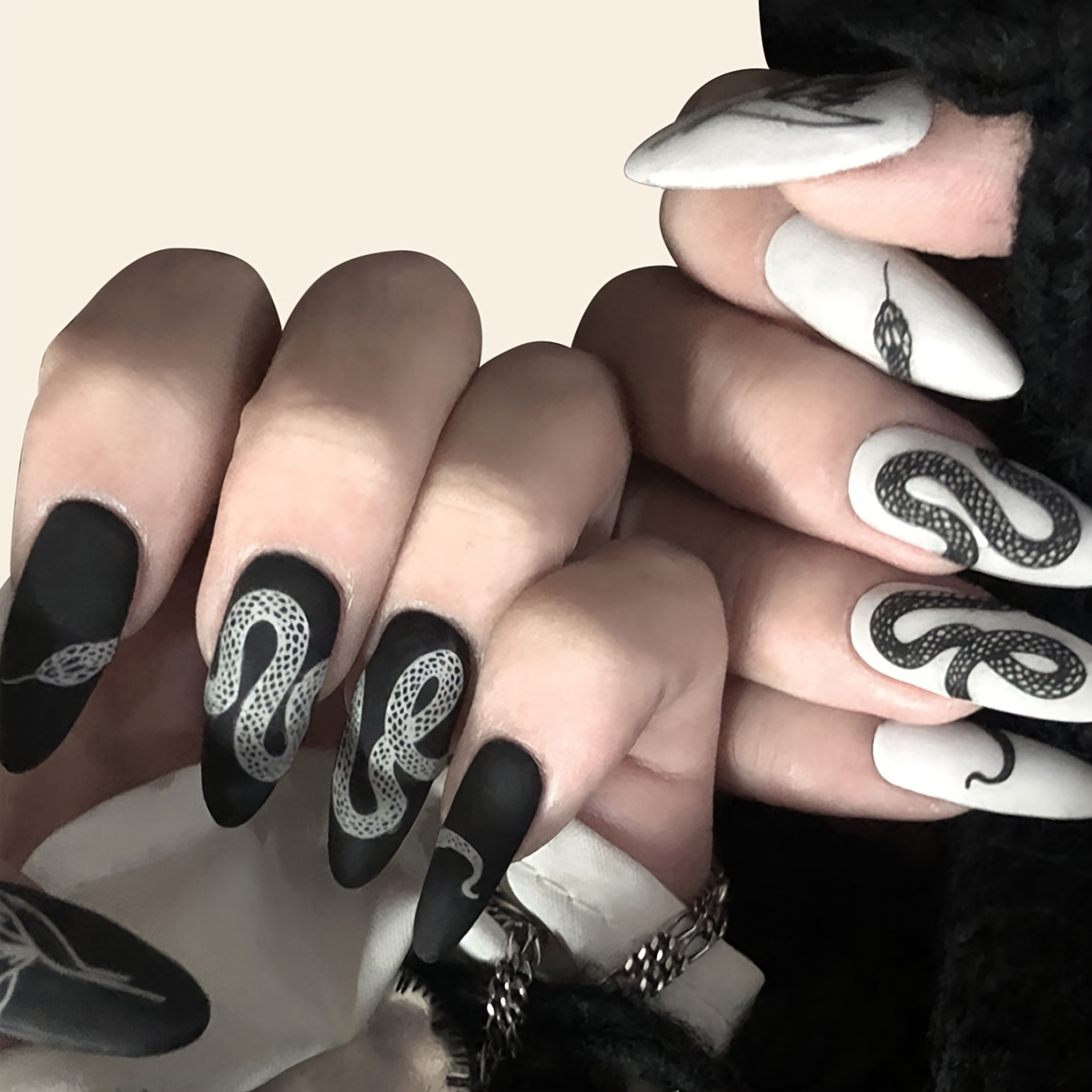 

Punk Black And White Almond Press On Nails Medium Fake Nails With Snake Design, Matte Acrylic Ballerina False Nails Full Cover False Nails For Women And Girls