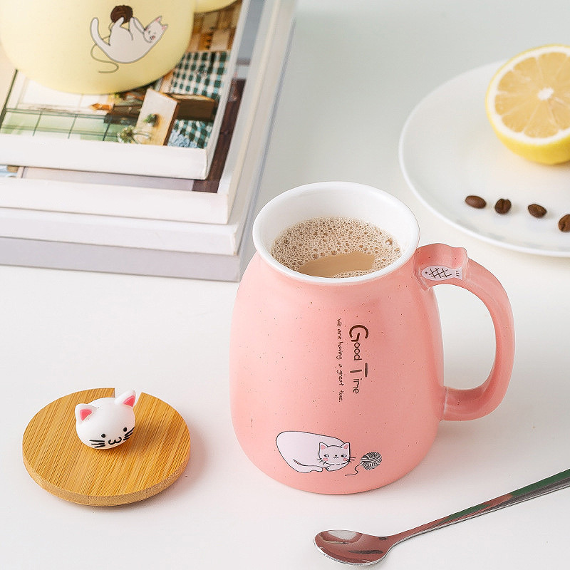 Fresh Cute Cartoon Cat Mark Ceramic Cup With Spoon Lid Couple