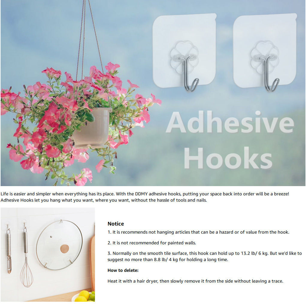 DDMY Adhesive Hooks Wall Hooks, 36 Packs Hooks for Hanging Transparent  Reusable Seamless Hooks 13.2LB(Max), Waterproof Bathroom Kitchen Heavy Duty