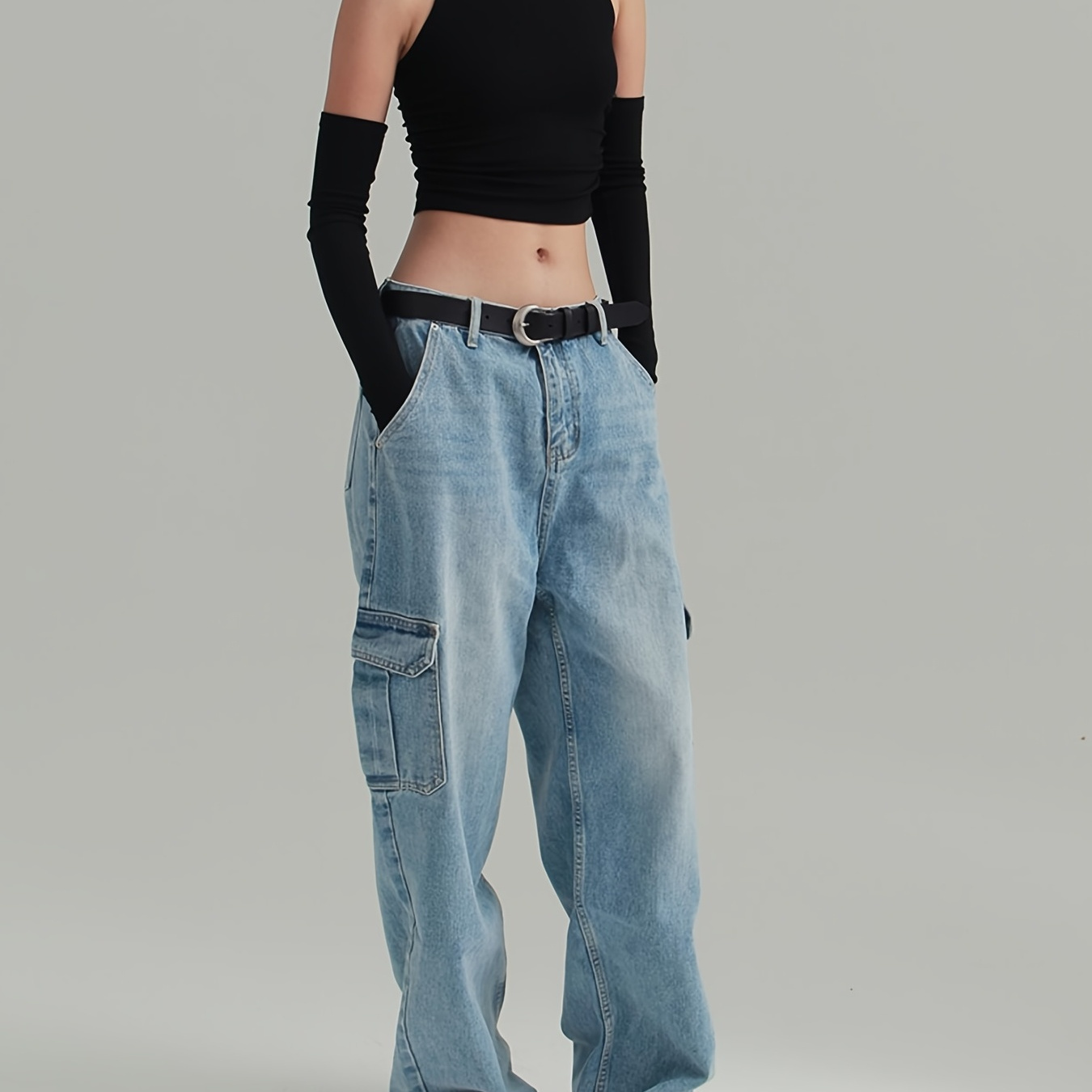 High Rise Loose Baggy Denim Cargo Pants Floor Length Expanded Flap ...