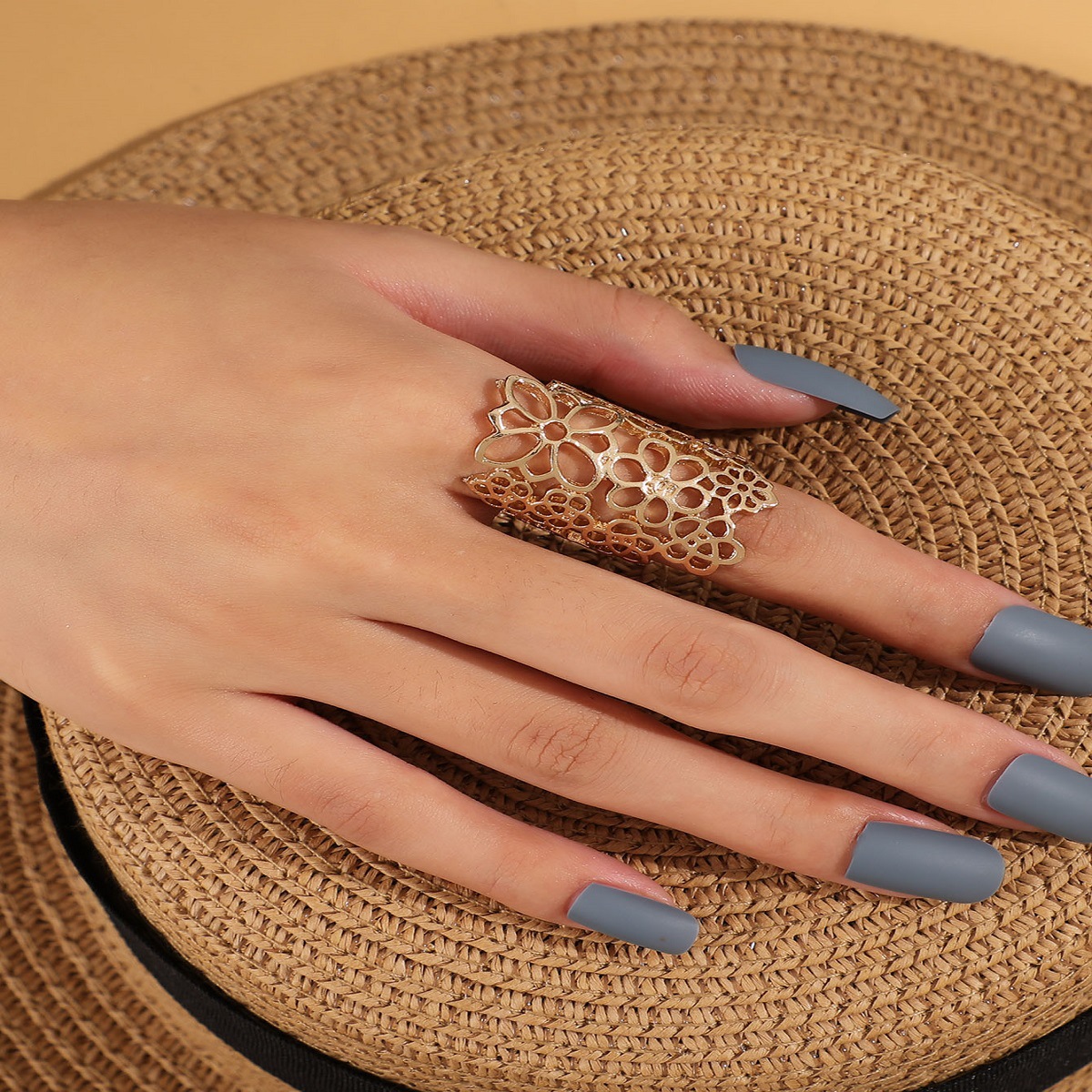 Exaggerated Long Hollow Open Ring, Silver Plated Adjustable Ring