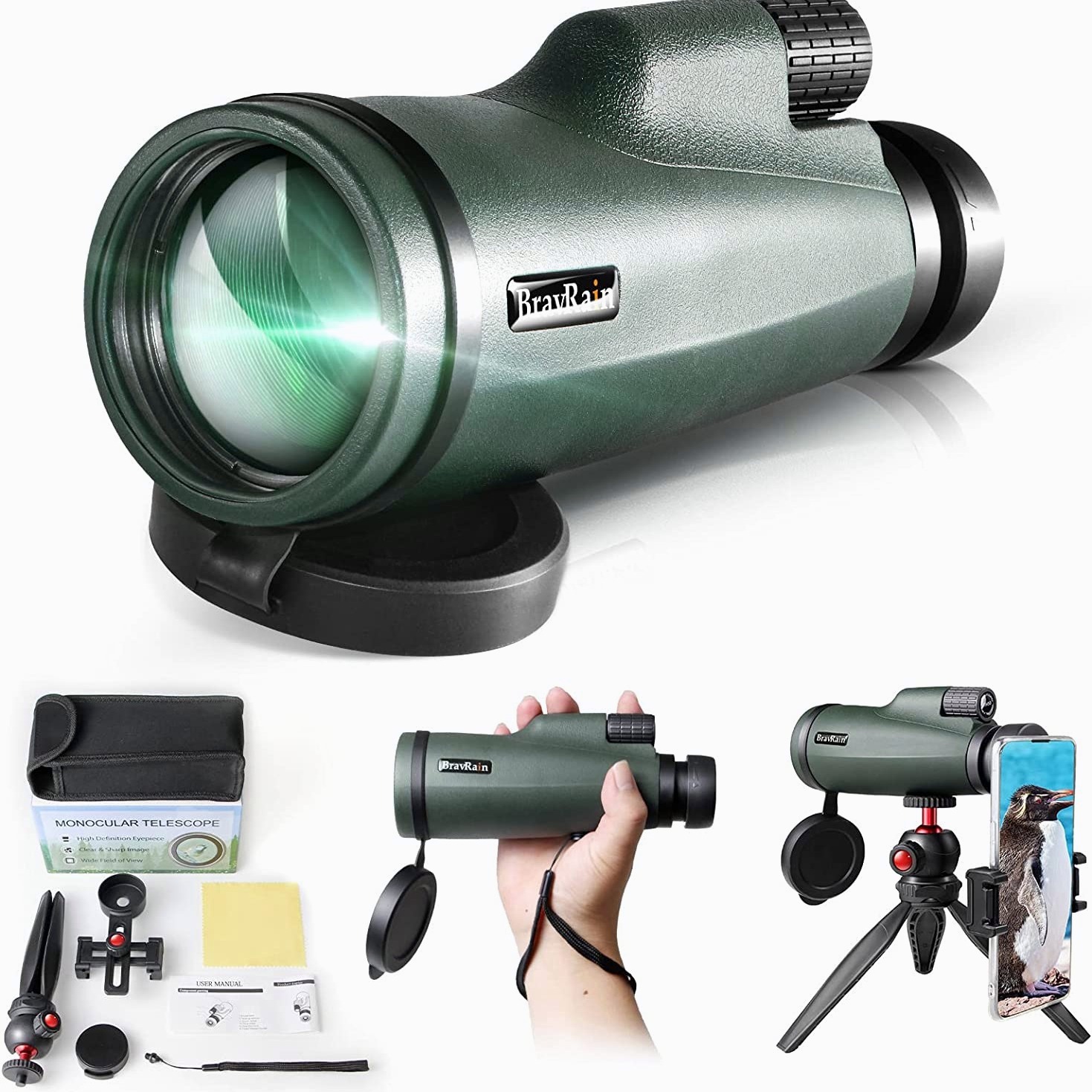 Telescopio monocular HD de 12 x 56 pulgadas con adaptador de teléfono  inteligente, trípode mejorado, correa de mano, monocular de alta potencia  con