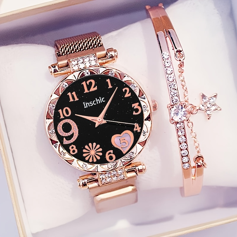 

1pc Rhinestone Decor Quartz Watch & 1pc Bracelet Fancy Women Watches Jewelry Sophisticated And Stylish Women Watch