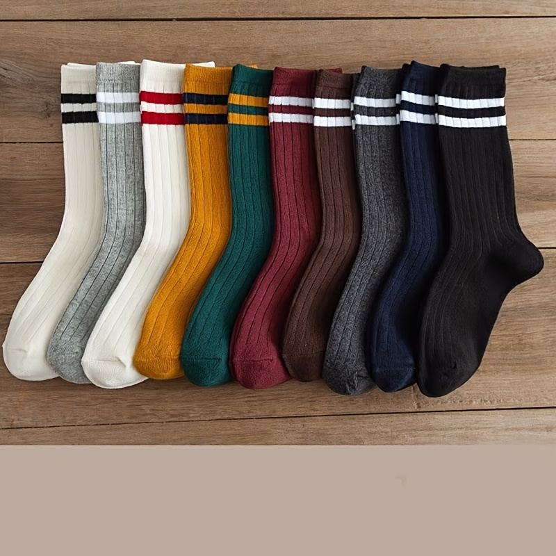 

10 Pairs Solid Patched Stripes Crew Socks, Basic Sports Business Stockings, Women's Socks & Hosiery