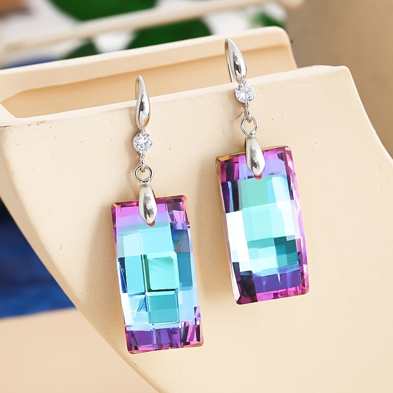 

Colorful Rectangle Drop Dangle Earrings 925 Silver Plated Luxury Jewelry For Women Gift