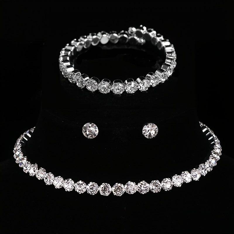 

Korean Style Bridal Bracelet & Earrings & Necklace Rhinestone Jewelry Set Banquet Accessories For Women Bride