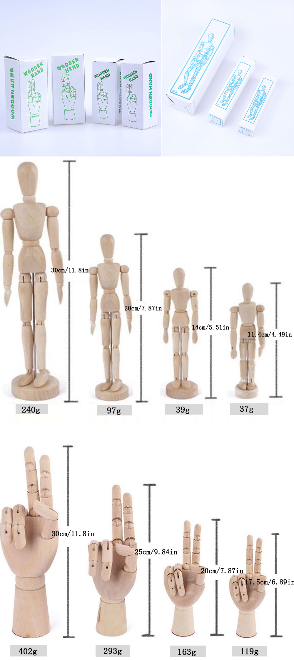  12 Inch Wooden Hand Model Flexible Moveable Fingers Manikin Hand  Figure Left/Right Hand Model for Drawing, Sketching, Painting