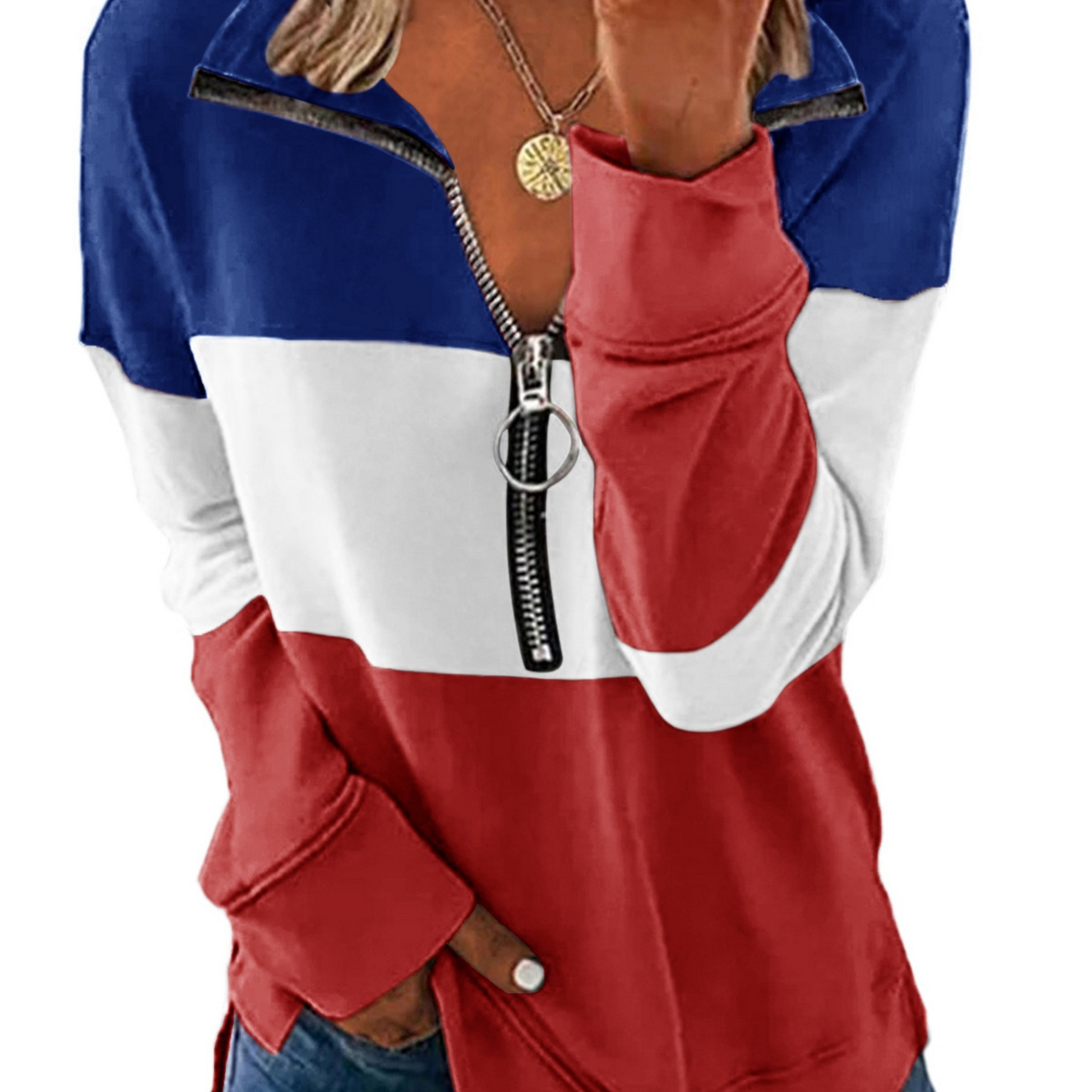 

Colorblock V-neck Zipper Pullover, Casual Fashion Loose Long Sleeve Sweatshirt, Women's Clothing