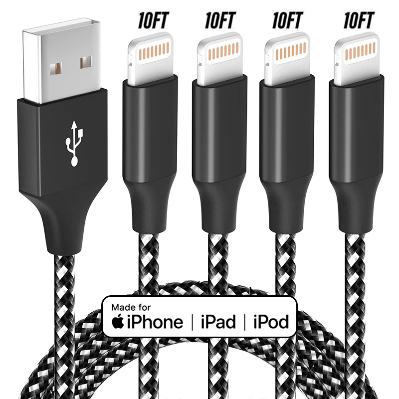 4 Paquetes De Cable De Carga Rápida De Nylon Trenzado De 10 Pies Para IPhone  11/12/13/14 Negro Blanco - Temu