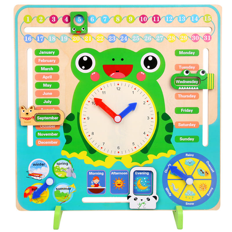 1  in one frog standing weather   calendar time   clock kids wooden cognitive early education toys frog 5