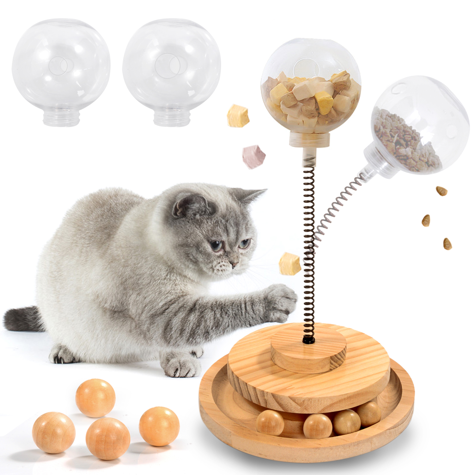 Cat Treats Dispenser Interactive Toy Spring Wooden Ball Track
