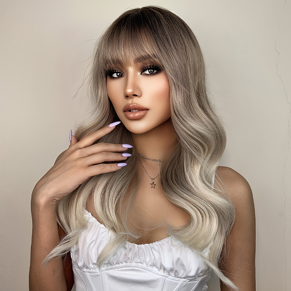 22 Inch Synthetic Wig Women s Wig Brown Gradient Light Blonde Long Wavy Curly Hair With Bangs Fashion Elegant Daily Natural