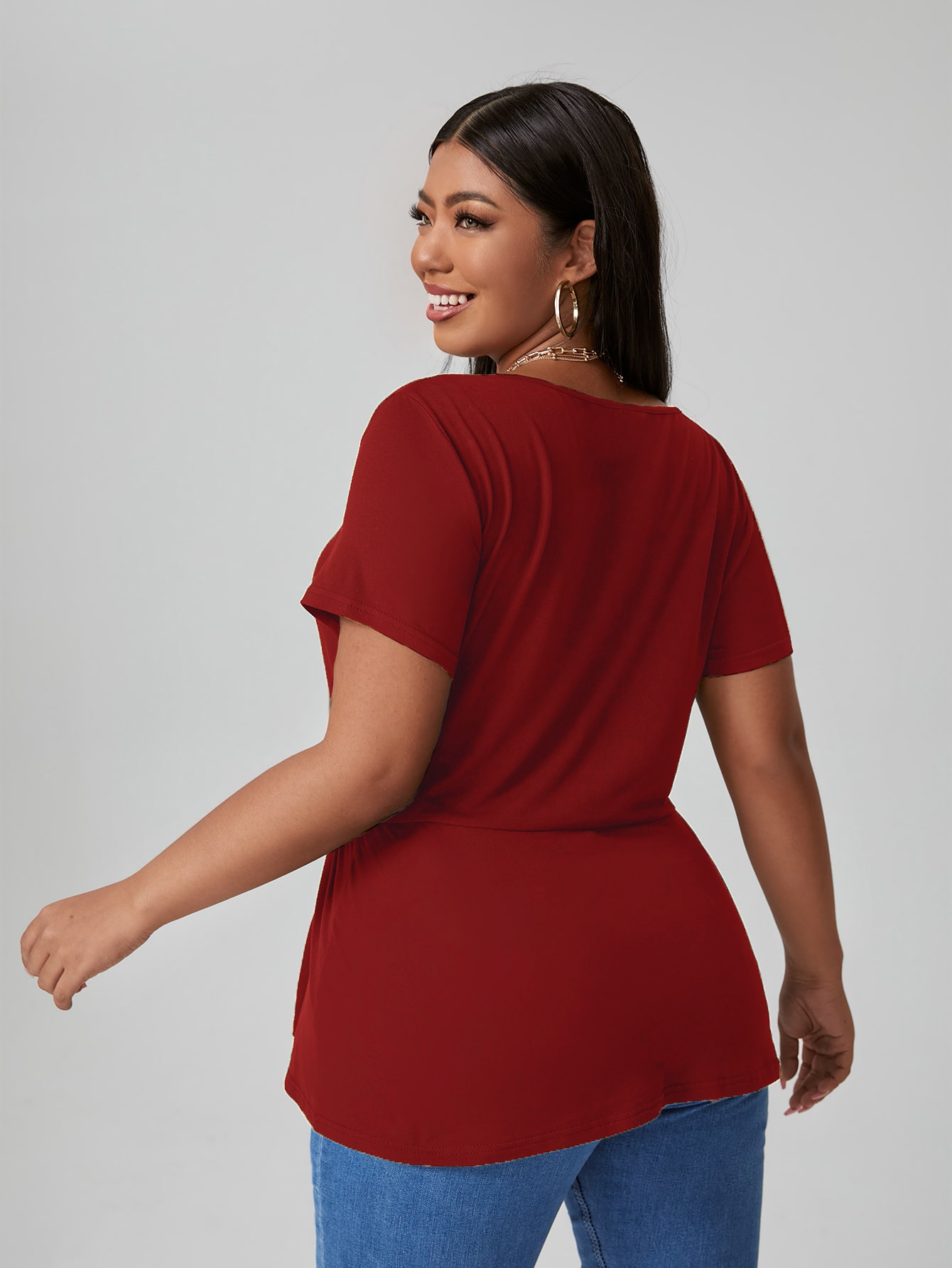 Plus Size Ruched Front Deep V Neck Peplum Tops Womens Plus {region Name}