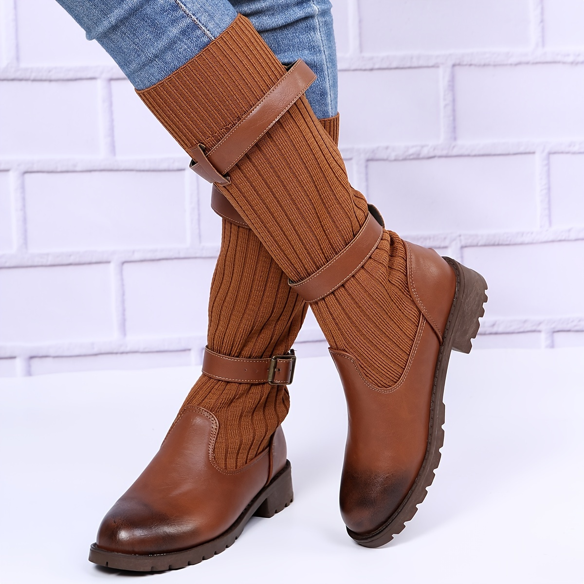 Women's Metal Buckle Sock Boots, Knitted Chunky Heel Boots, Double Belt Decor Mid Calf Boots