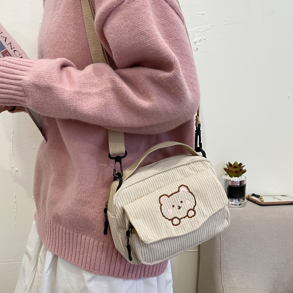 Cartoon Pattern Crossbody Bag, Corduroy Shoulder Bag, Women's Flap Pocket  Decor Square Purse - Temu