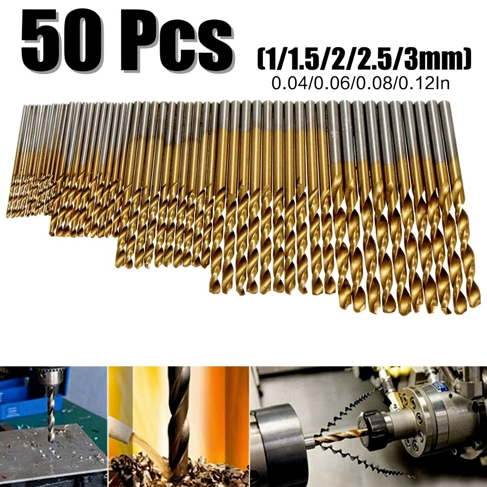 

50pcs Titanium Coated Drill Bits, Hss High Speed Steel Drill Bits Set Tool, High Quality Power Tools, 1/1.5/2/2.5/3mm (0.04/0.06/0.08/0.12in)