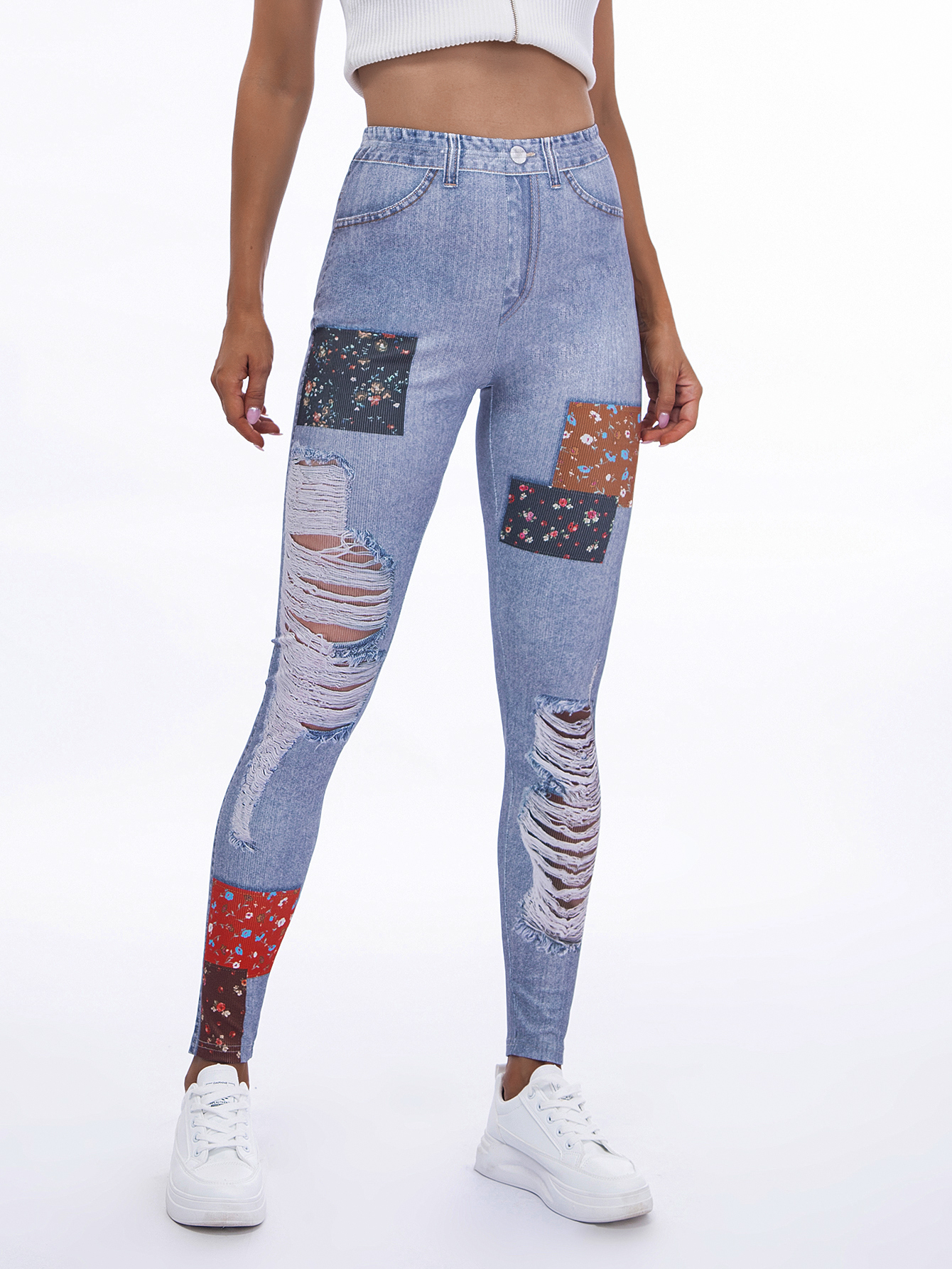 Ripped Denim Print Leggings High Waist Skinny Casual Pants - Temu