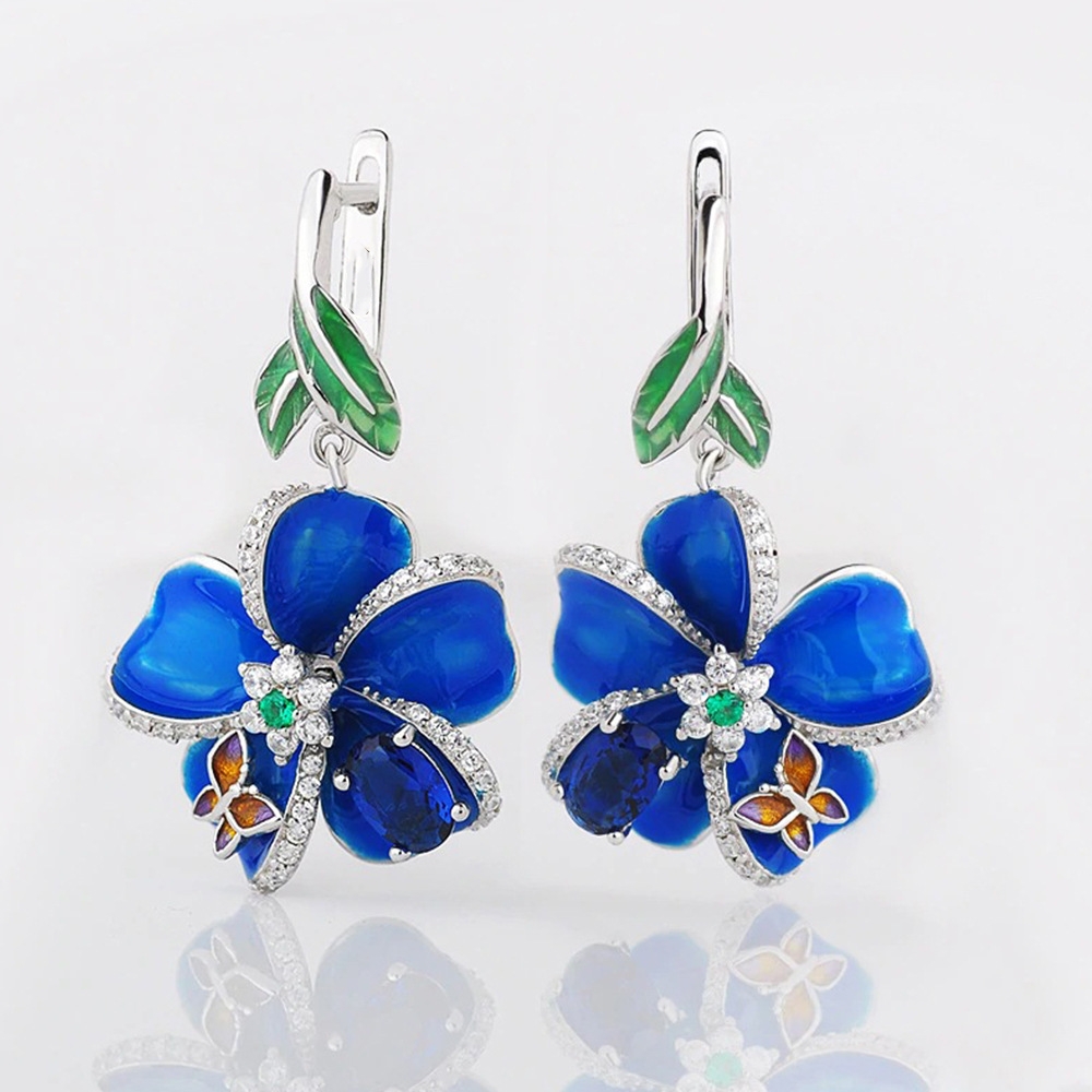 Image of Creative Floral Earrings Featuring -shaped Synthetic Flowers And Zirconia Stones, Stylish And Unique For Women