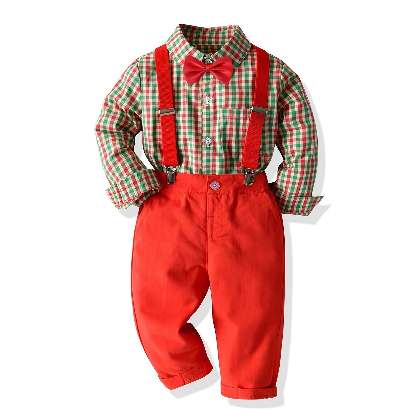 

Boys Cute Gentleman Christmas Set With Plaid Long Sleeve Lapel Shirt & Solid Suspender Pants For Party