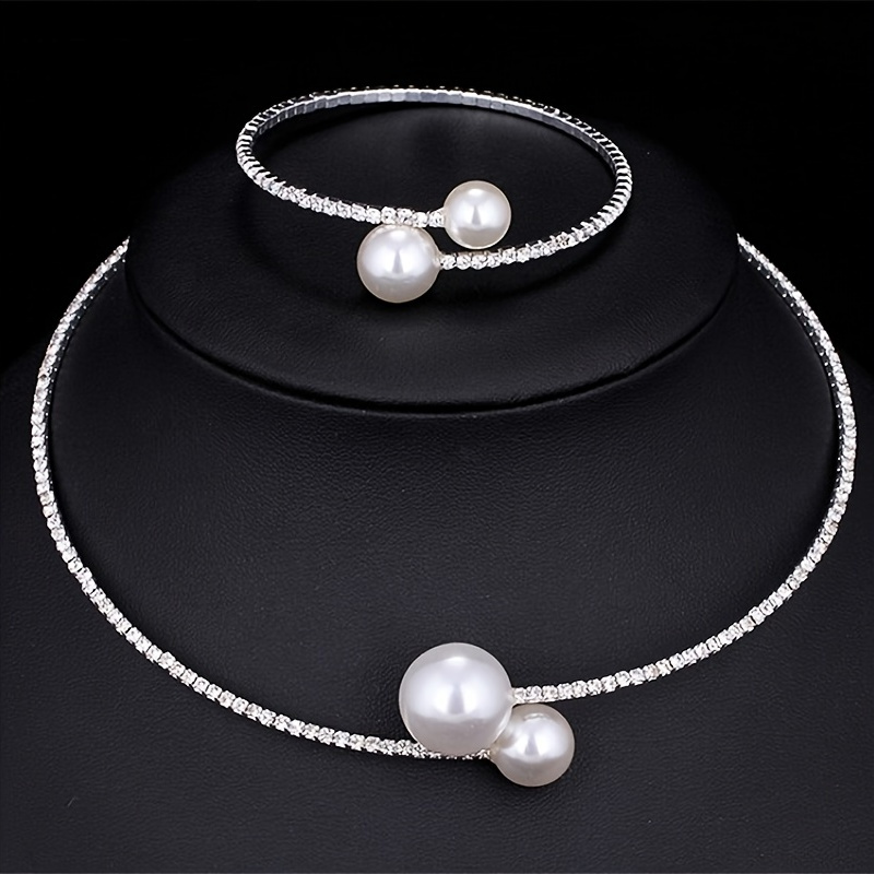 

Shiny Rhinestone Faux Pearl Collar Necklace & Adjustable Bracelet Bride Set Accessories