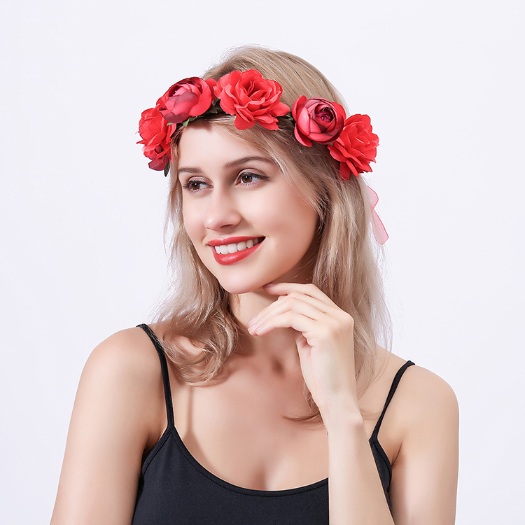 Simulation Rose Hairpin Holiday Wreath Hair Band Headdress Flower Crown Headband Floral Wedding Bridal Hair Hoop details 6