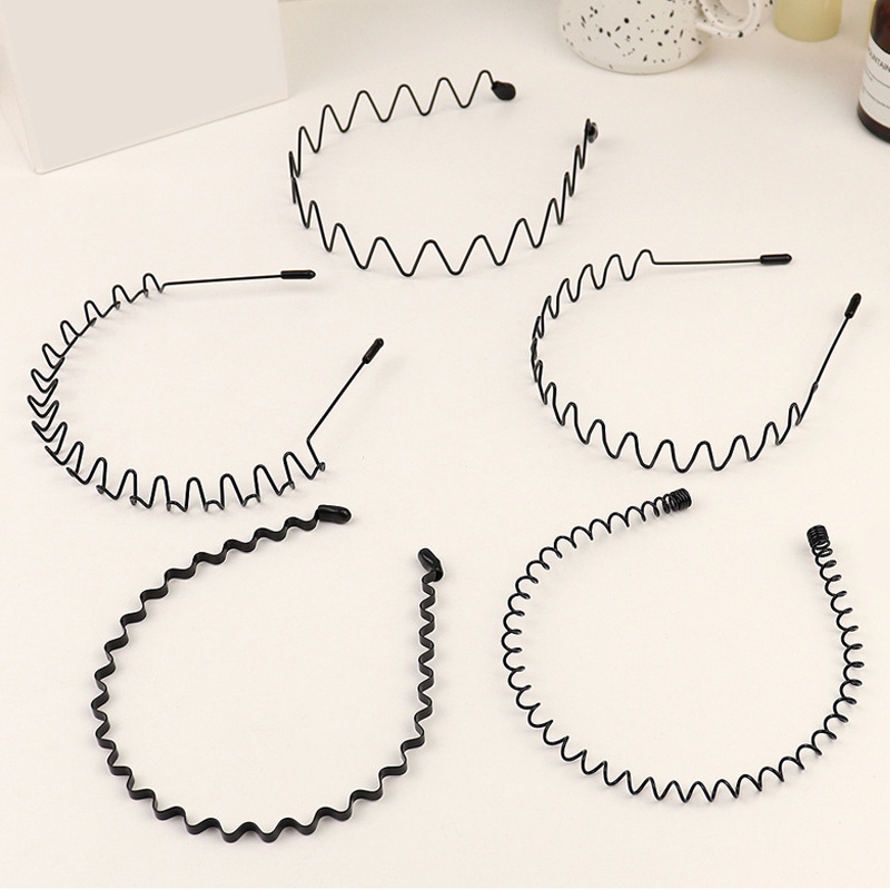 E-shop Beliebtes, stylisches 5er-Set Metall-Stirnbänder für Damen und Herren, mit schwarzem, gewelltem Design, für Sport und Frisuren