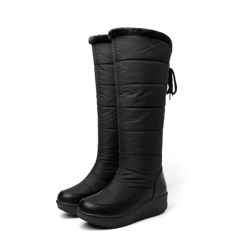 Waterproof Non-slip Outdoor Knee Boots, Warm Plush Inner Flat Lace Up Back  Sports Sneakers, Women's Footwear