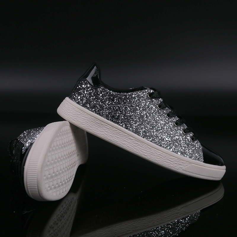 Women Color Block Skate Shoes, Glitter Lace-up Front Sneakers