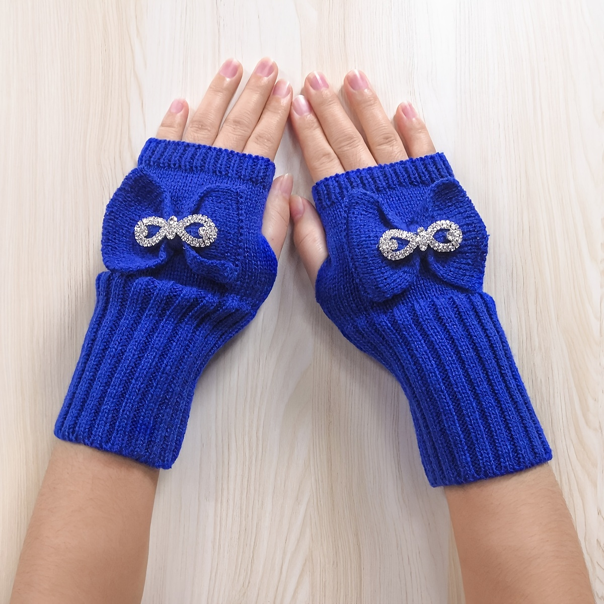 Knitted Wool Gloves Crochet Bow Shiny Rhinestones Fingerless