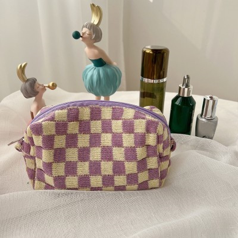 Checkered Pattern Zipper Makeup Bag, Travel Cosmetic Bag, Makeup Brush Holder Organizer