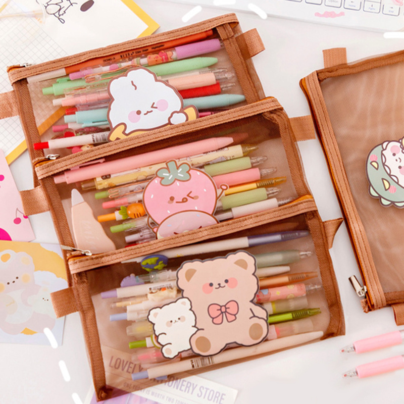 Cute Design Pencil Bag Pen Case Cartoon Bear Cow Rabbit Mesh