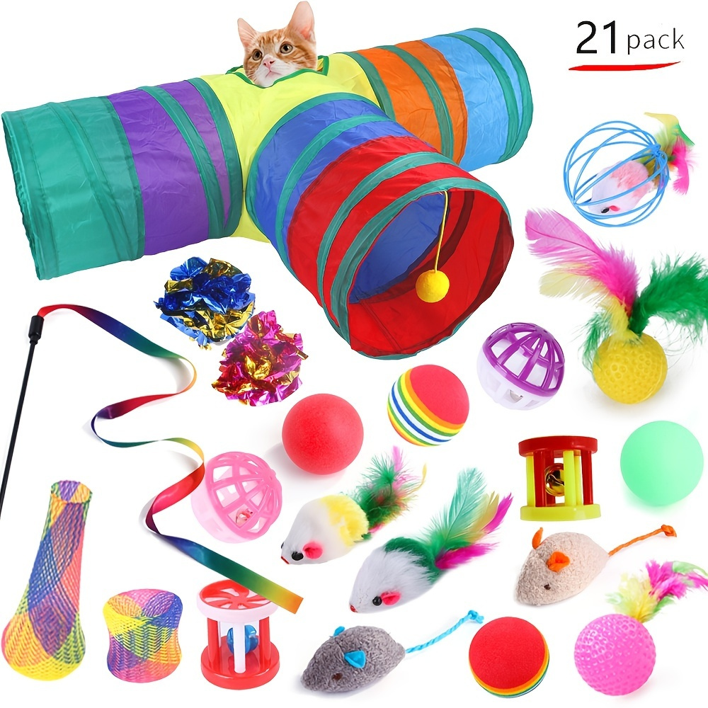 

Interactive Feather Cat Toy Set With Foldable 3-way Tunnels For Indoor Cats - Promotes Exercise And Playful Bonding Time