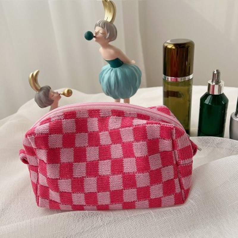 Checkered Pattern Zipper Makeup Bag, Travel Cosmetic Bag, Makeup Brush Holder Organizer