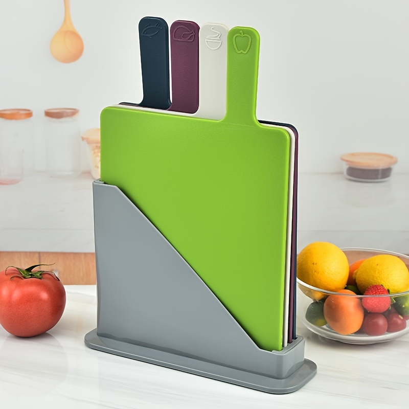  Color-Coded Plastic Cutting Board Set with Storage Stand - 4  Piece Set for Various Food Types - Slip-Resistant Design - Dishwasher Safe:  Home & Kitchen