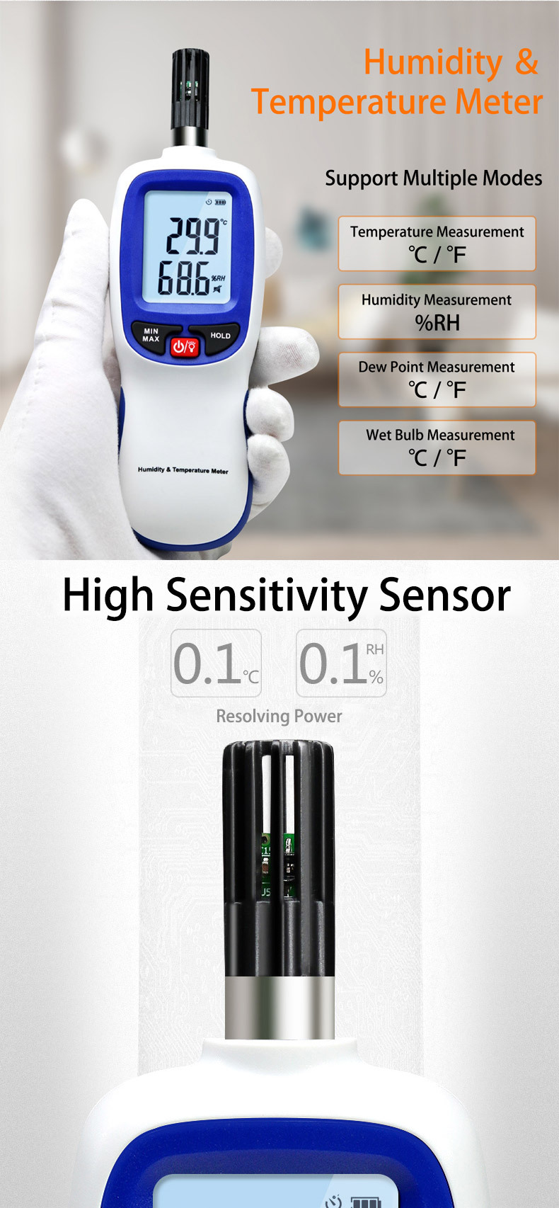 Eray Temperature and Humidity Meter Gauge Monitor Digital Psychrometer Thermometer Hygrometer with Dew Point and Wet Bulb Temperature