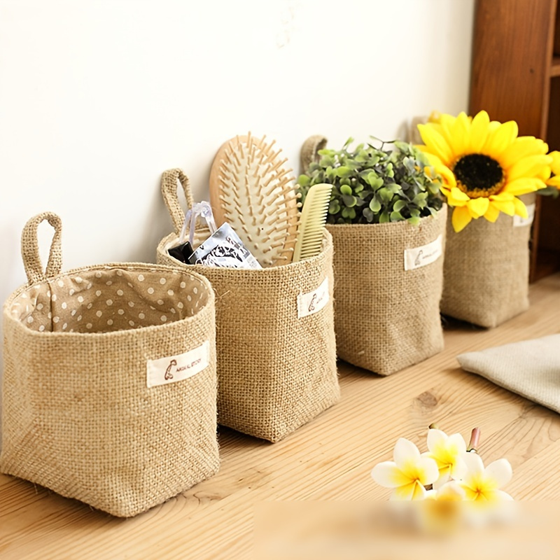 

1pc Cotton And Linen Fabric Flower Pot Small Hemp Bag, Hanging Jute Dot Stripe Storage Basket, Storage Hanging Bag