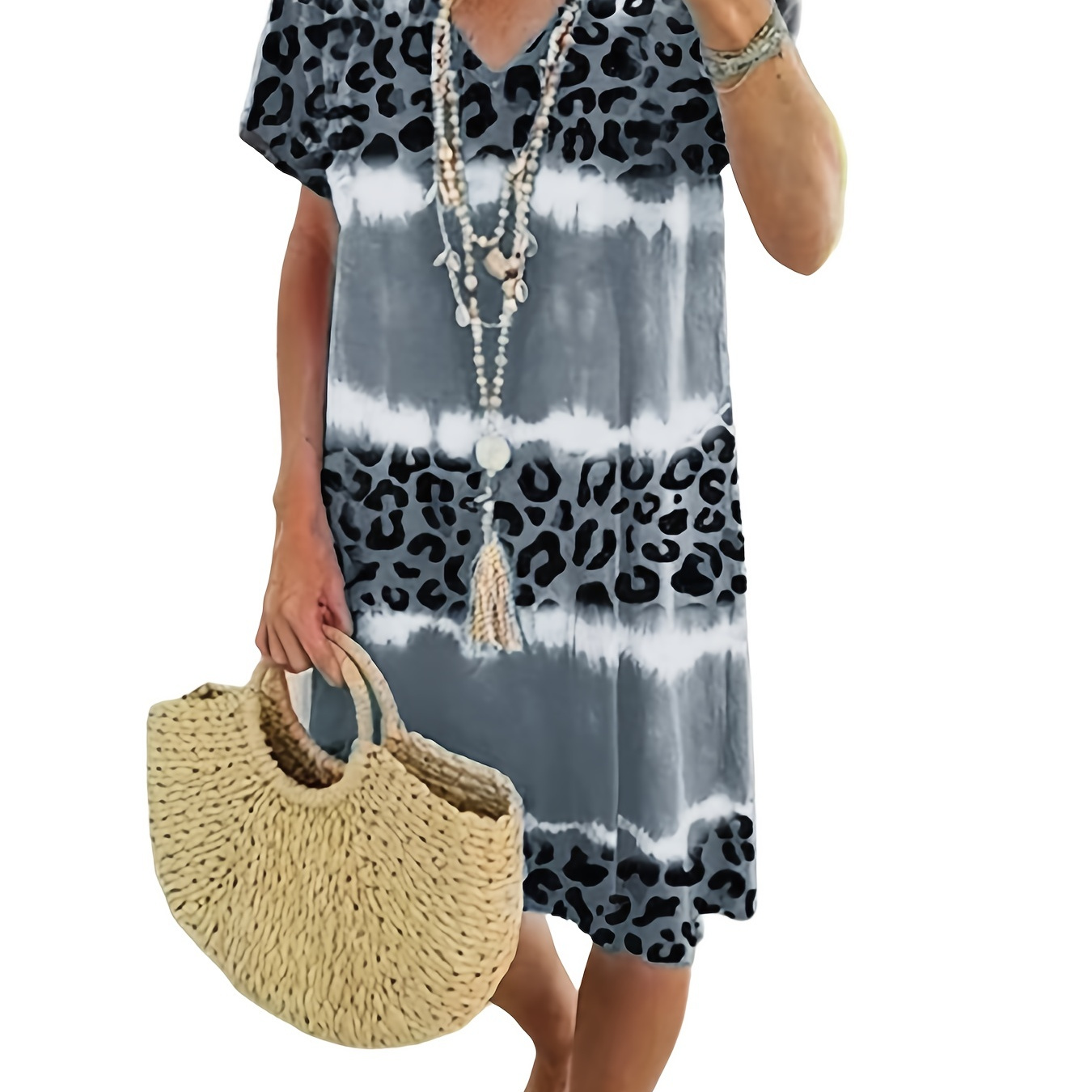 

Leopard Print V Neck Dress, Short Sleeve Beach Vacation Casual Dress For Spring & Summer, Women's Clothing