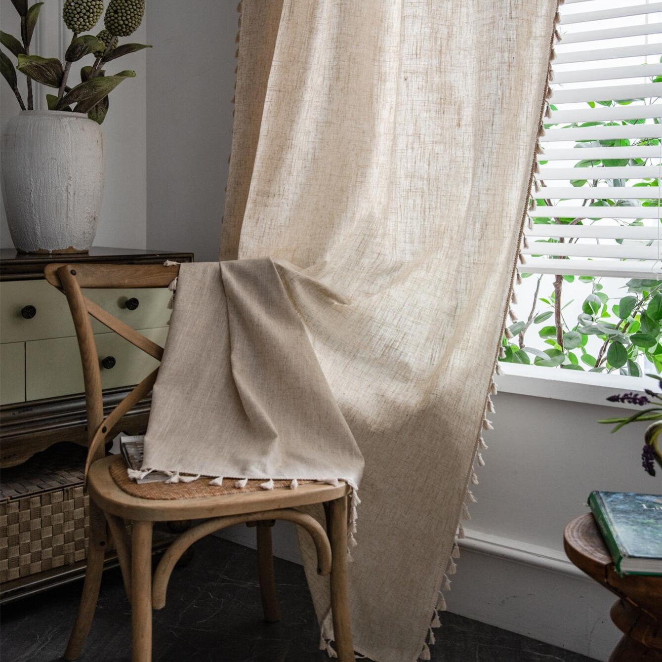 1pc Boho Solid Color Curtain With Bamboo Texture, Simple Tassel Translucent Curtain, Bedroom Living Room Bay Window Decor, 3in Rod Bag, Quickly Install