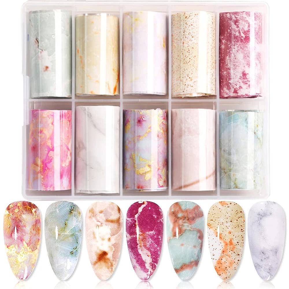 Marble Nail Foils Nail Art Transfer Stickers, 10 Rolls Nail Art Supplies Foil Transfers Holographic Starry Sky Marble Design Full Wrap Decals For Women Acrylic Nail Art Decorations