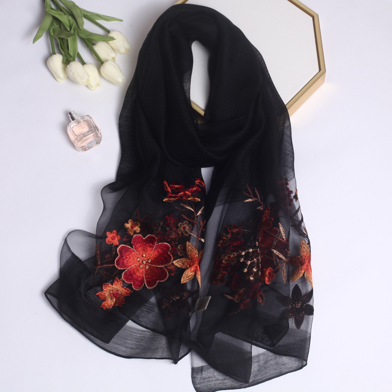 Imitation Silk Embroidery Flower Scarf Shawl Lightweight - Temu