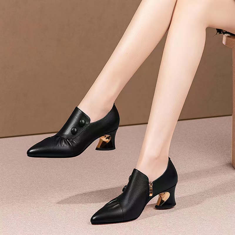 Low Heel Women Shoes Pointed Toe Pump Slip On Chunky Block Work Comfort  Leather