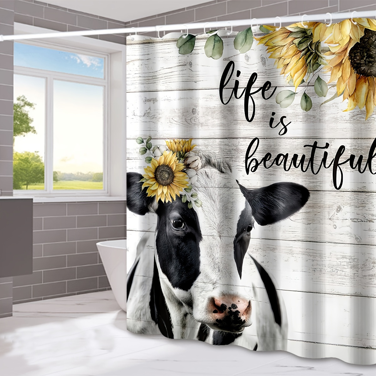 Cow Sunflower Shower Curtain, Farmhouse Shower Curtains, Funny Highland