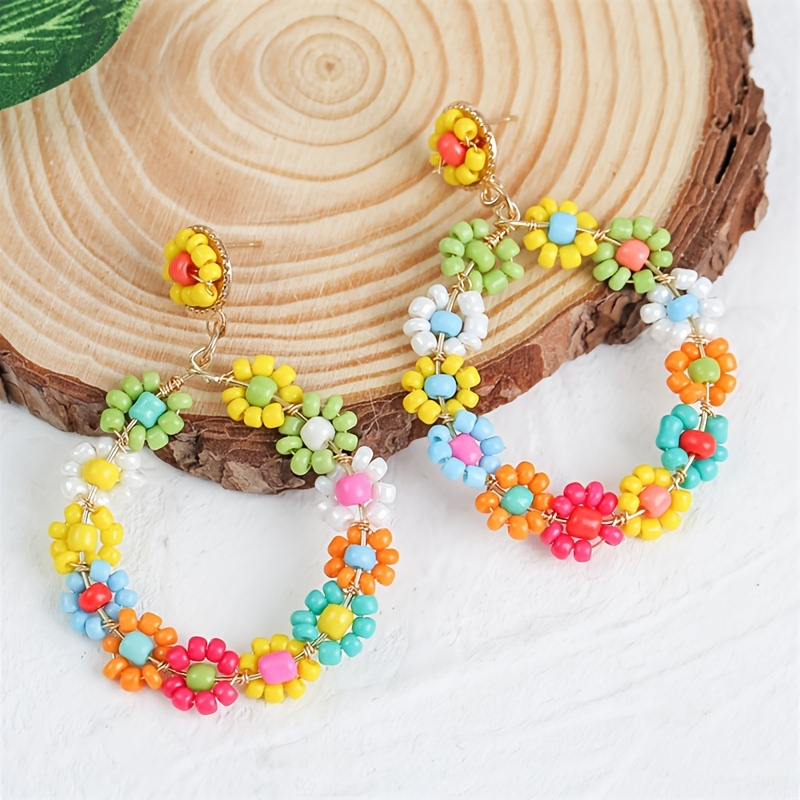 

Flower Theme Dangle Earrings O-shape Beaded Bohemian Hoop Earrings Sweet Jewelry Gift For Ladies Birthday