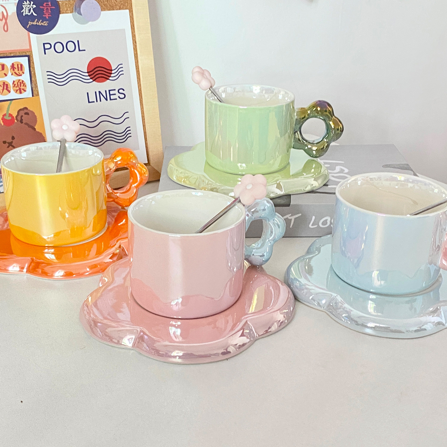 Juego de 6 tazas de café de porcelana con platillos + cucharas