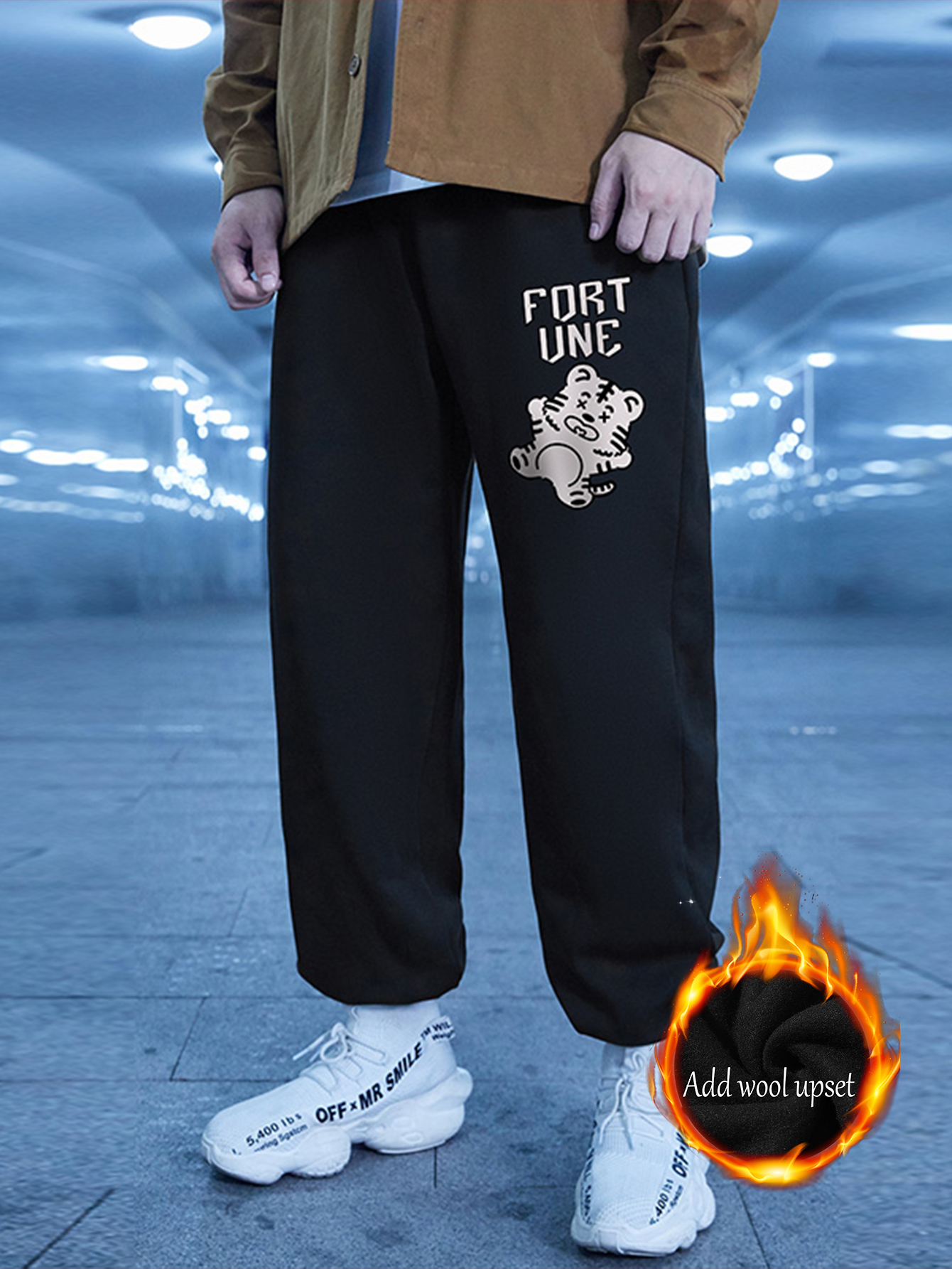 Men's Casual Fleece Sweatpants, Cartoon Print Loose Fit Active