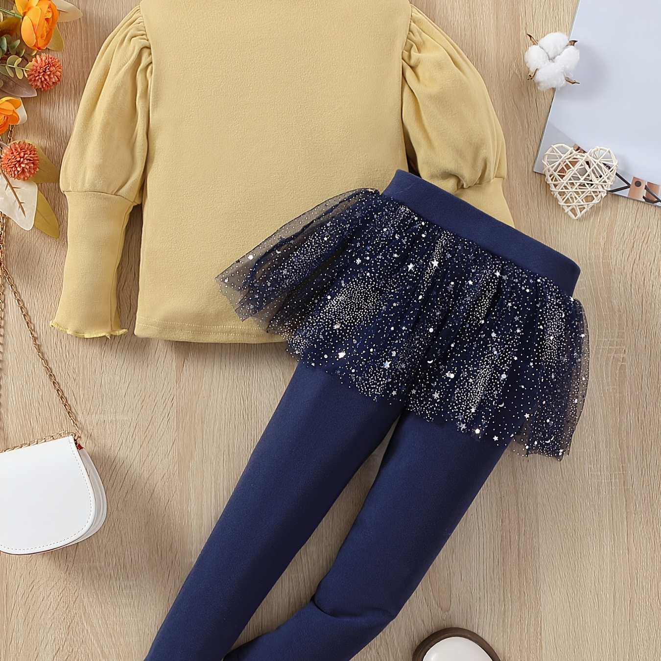 Toddler Girls Puff Sleeve Top & Footless Leggings With Starry Tulle Skirt  Kids Clothes