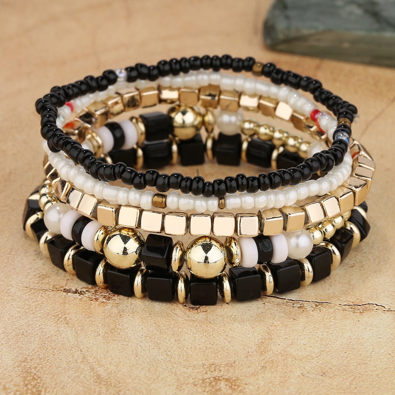 Gwen Beaded Bracelet Set in Gold, Groovy's, Beaded Bracelet